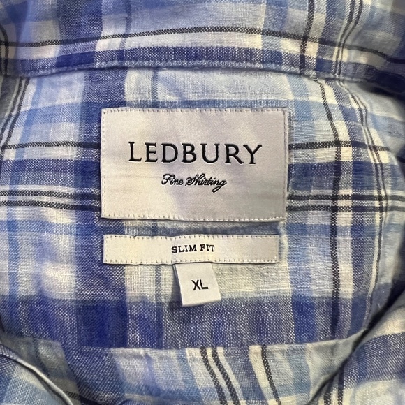 EUC Men's Ledbury Slim Fit Blue White Plaid 100% Linen Button Down Shirt Size XL - Picture 3 of 3